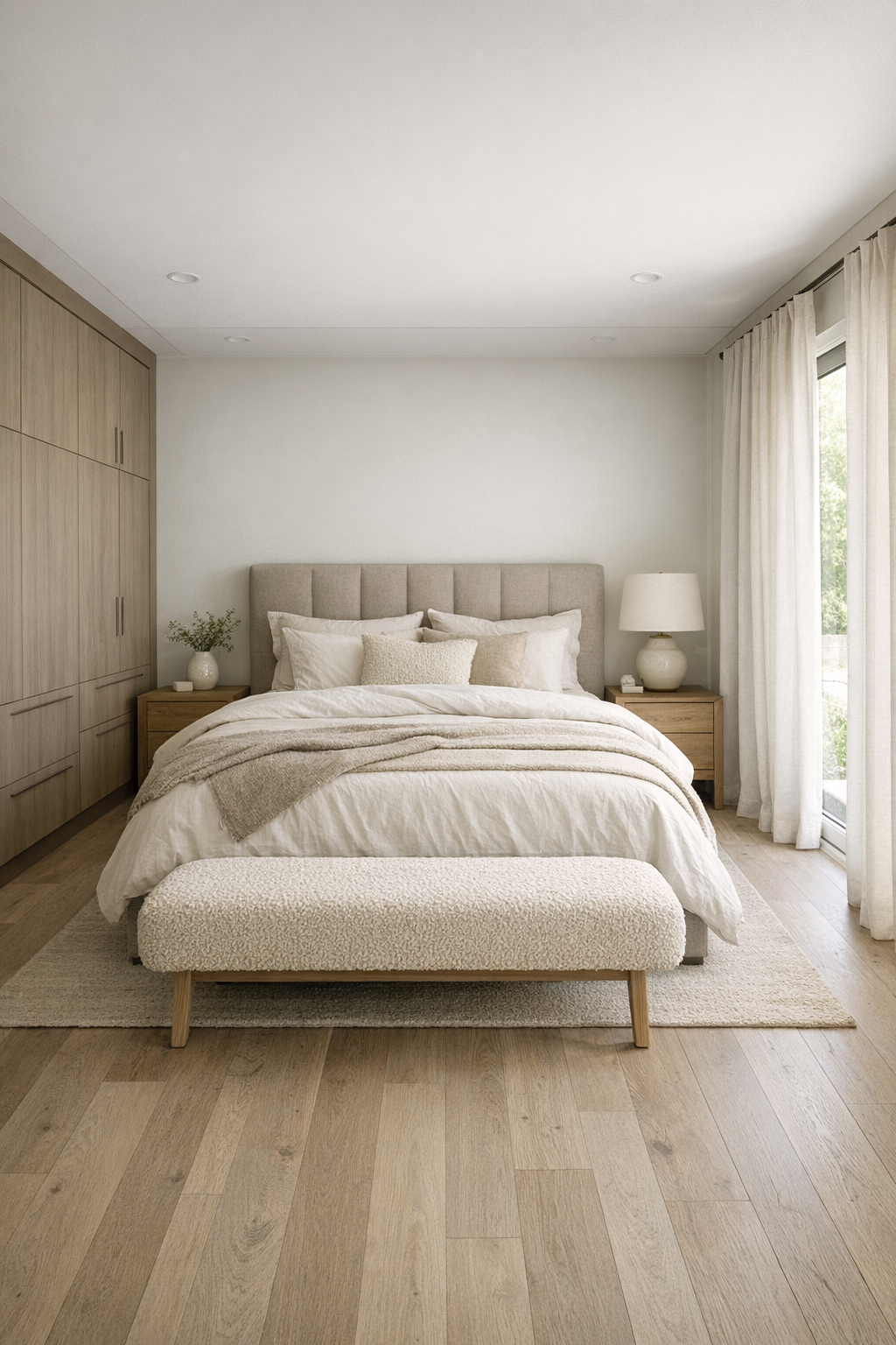 Serene taupe bedroom with upholstered bed, layered linens, and soft natural light