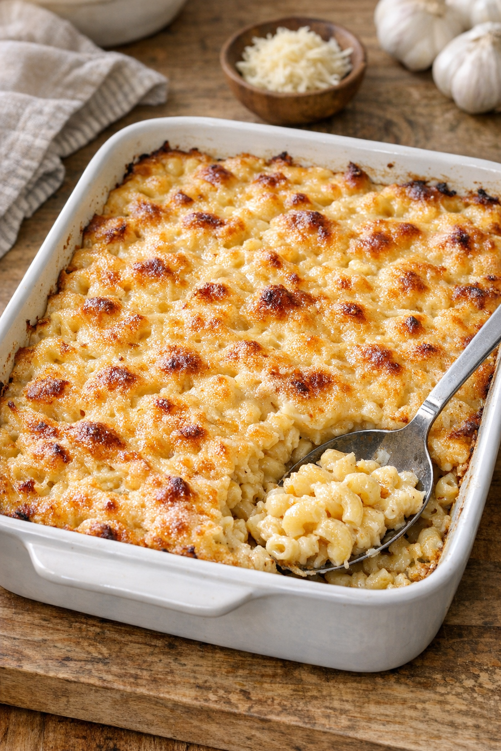 Baked roasted garlic butter macaroni in a casserole dish