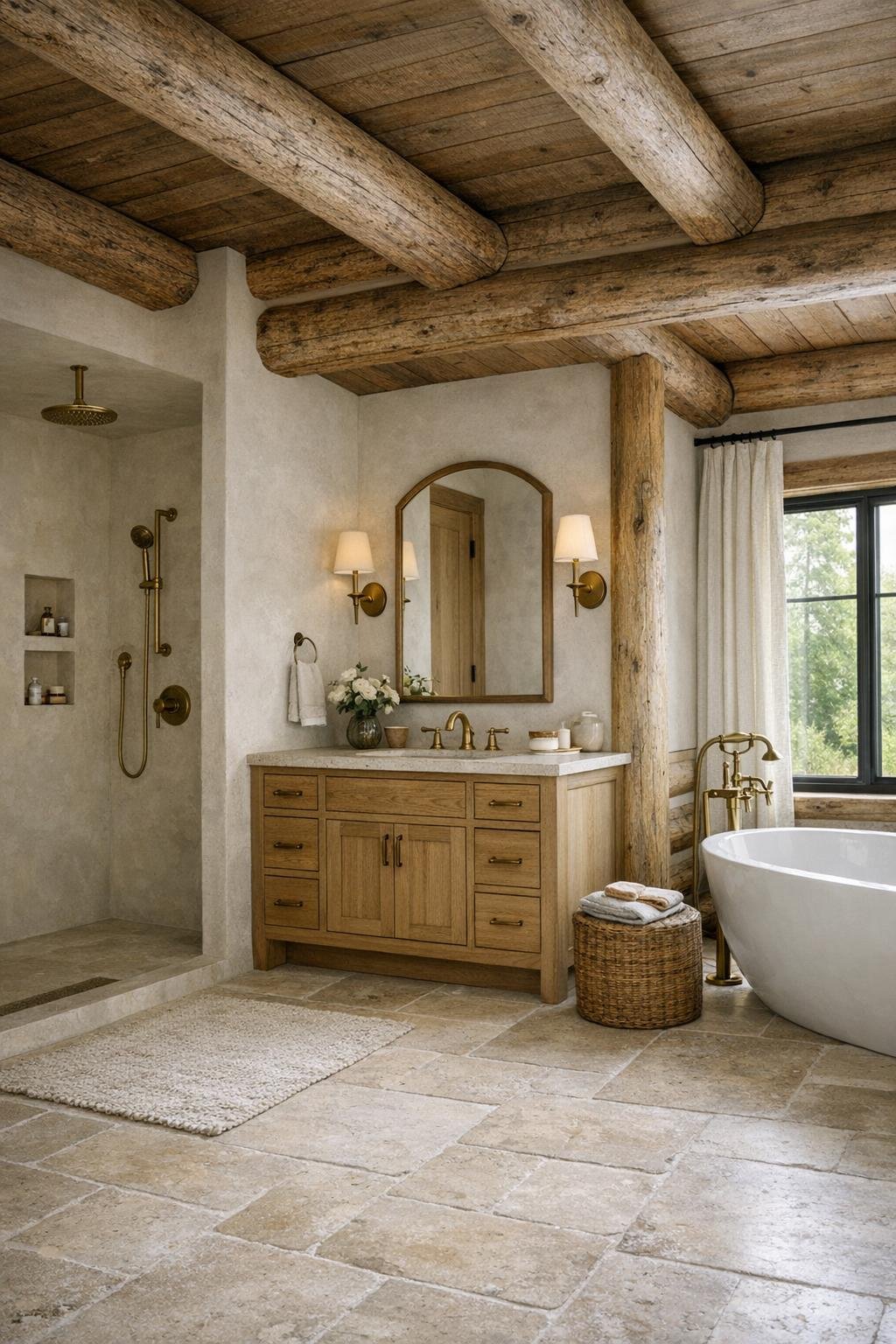 Bathroom with limestone floors, plaster shower, white oak vanity, and brass fixtures