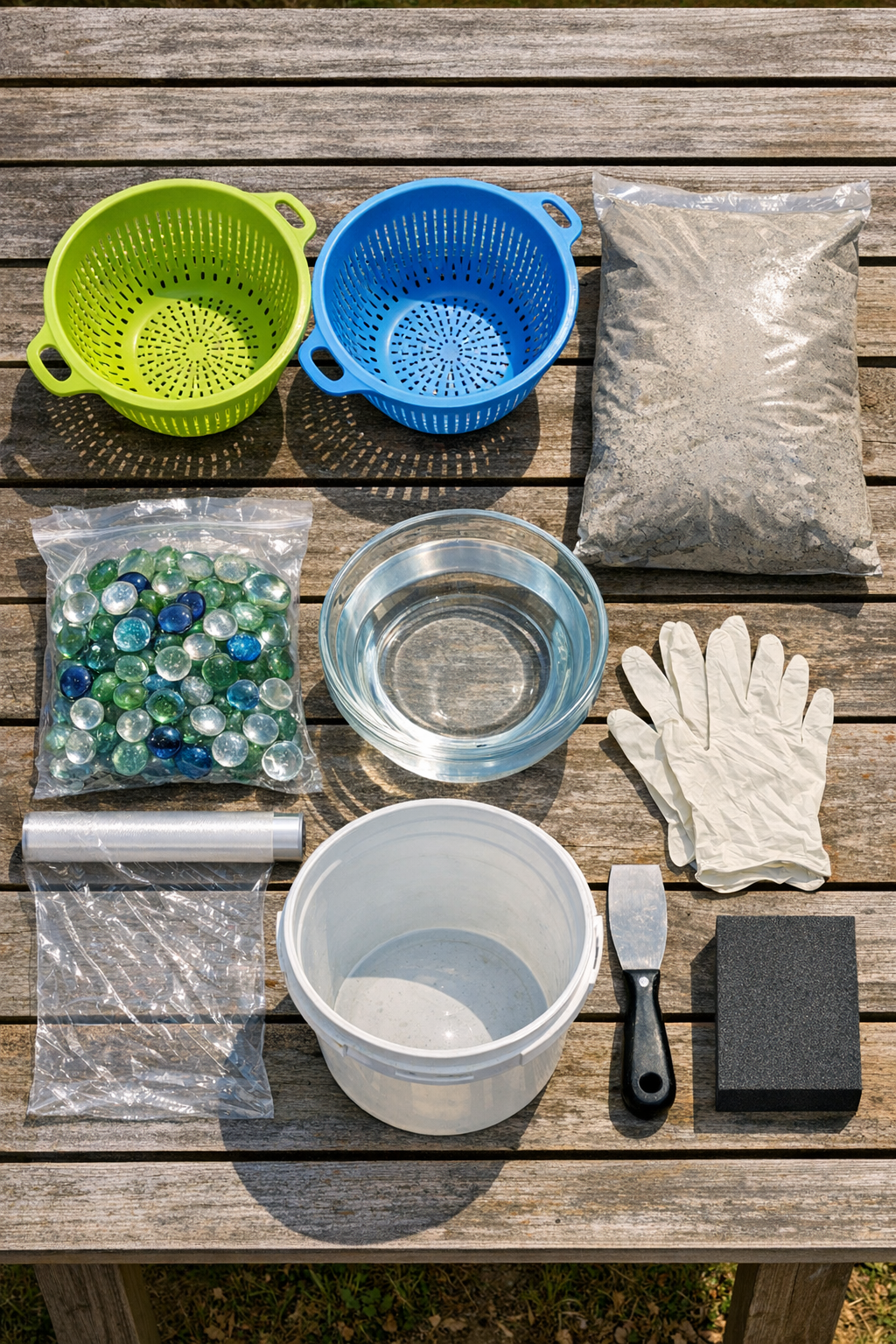 Materials for making cement yard globes laid out on a worktable