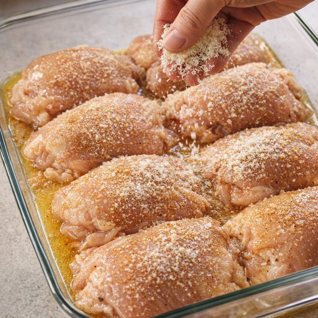 Chicken thighs being seasoned with Parmesan and garlic