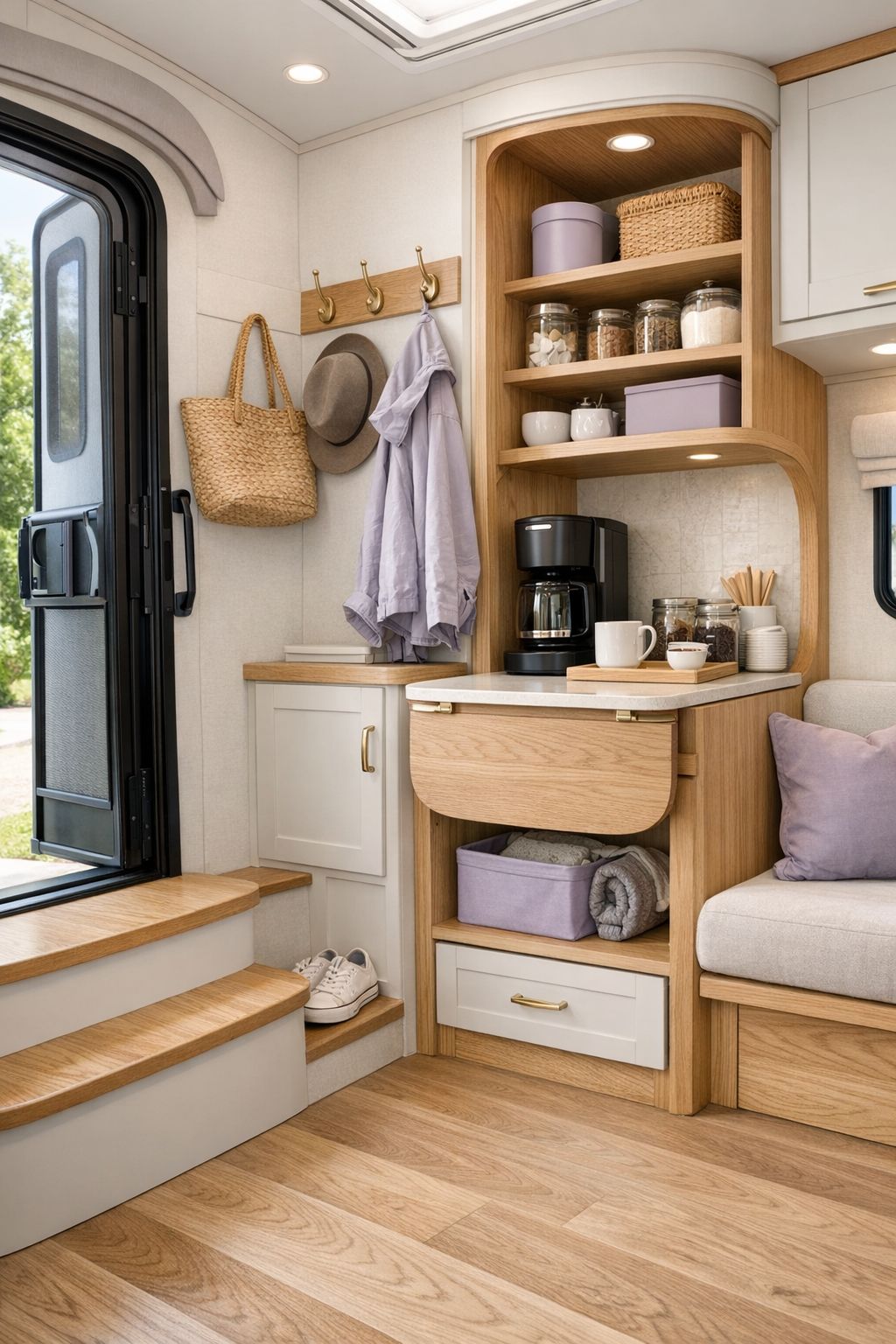 RV entry and multifunctional storage area with oak details and brass hooks