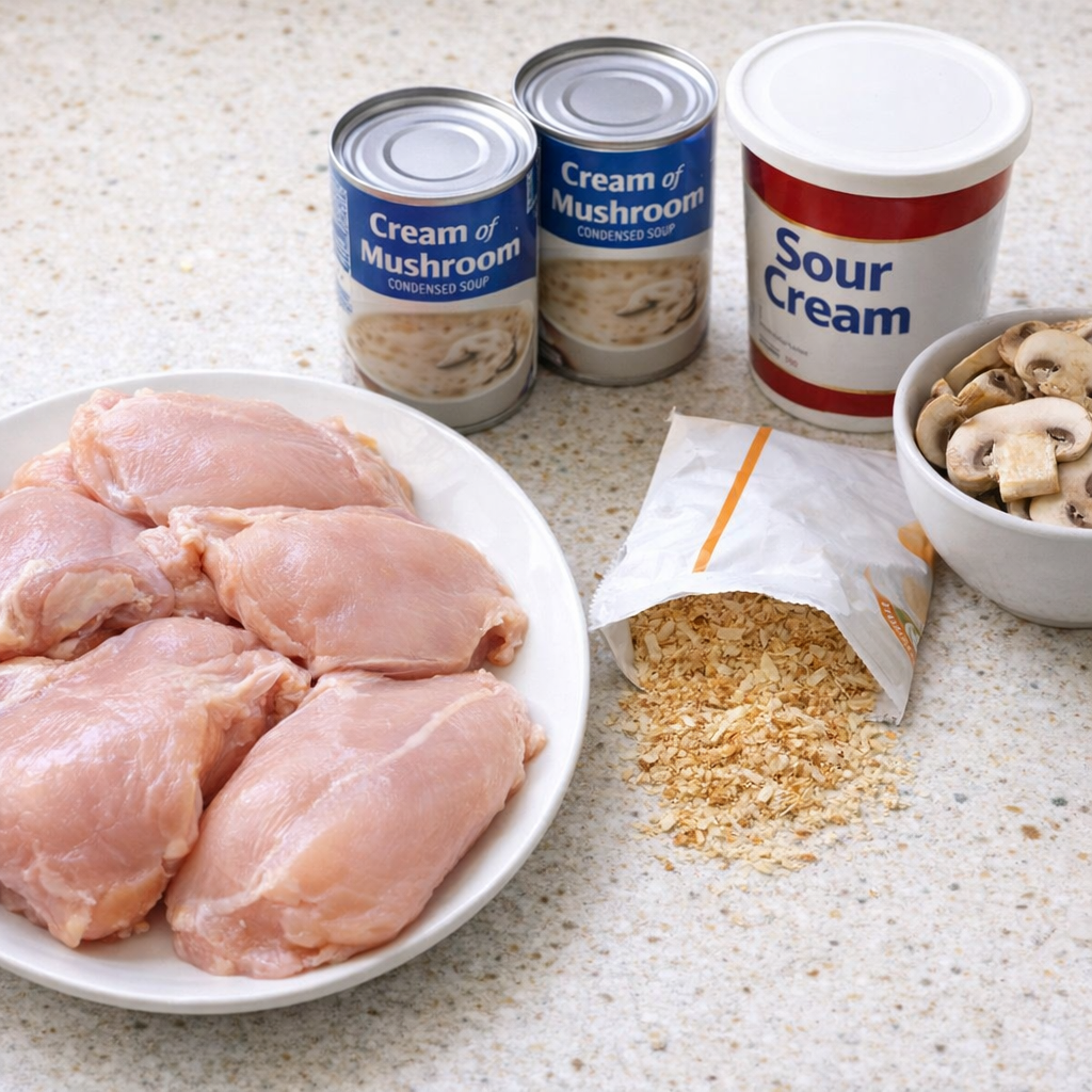 Ingredients for chicken Alexandra on a kitchen counter
