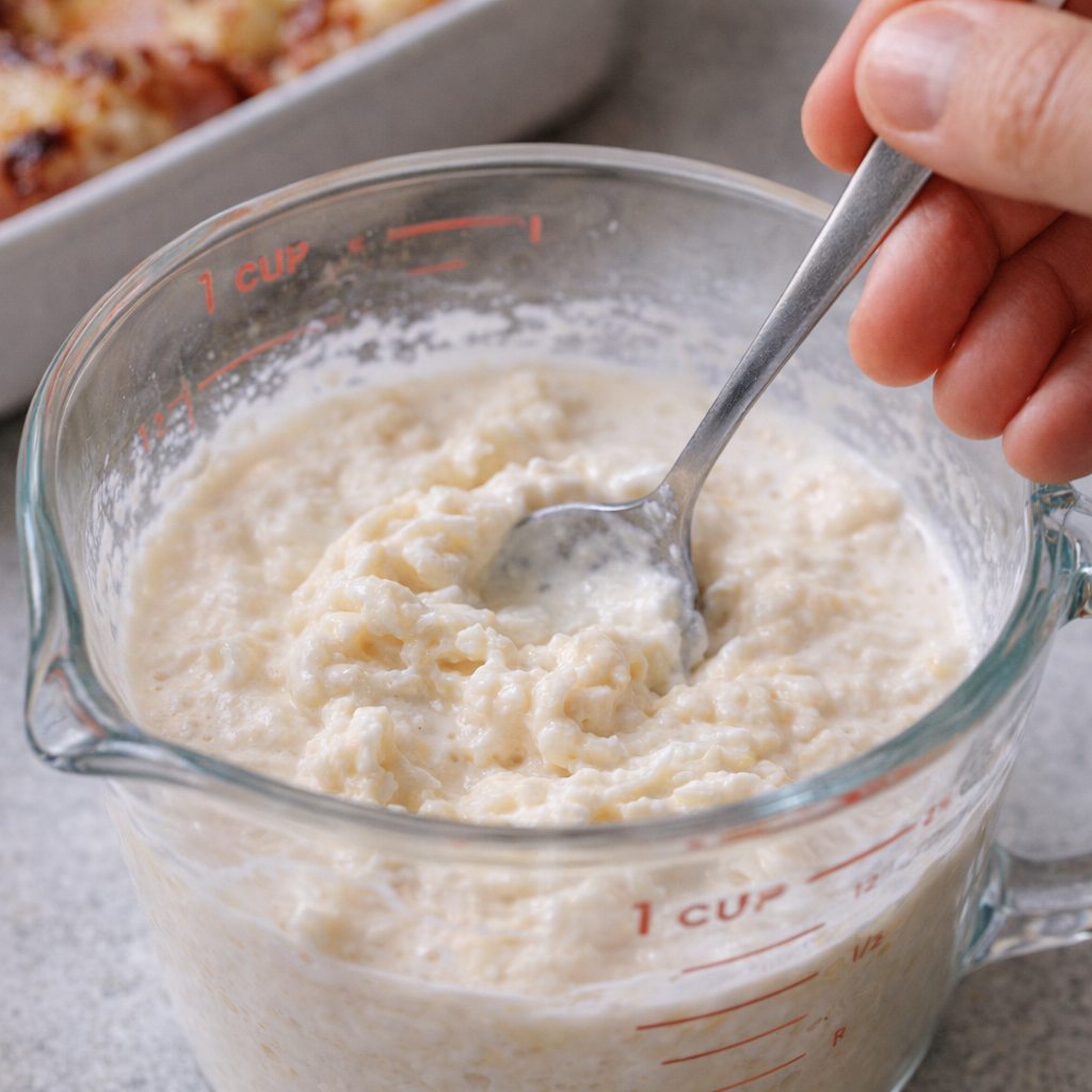 Cream and shredded cheddar mixture being stirred in a measuring cup