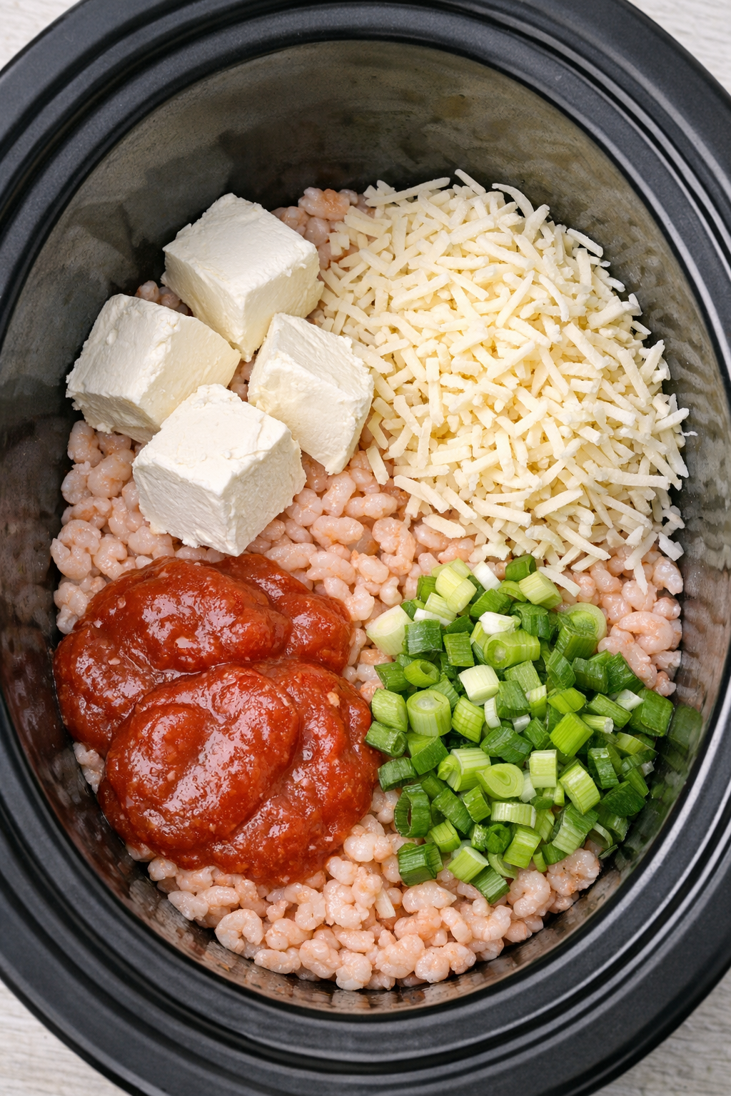 Slow cooker filled with shrimp, cream cheese, sauce, and cheese