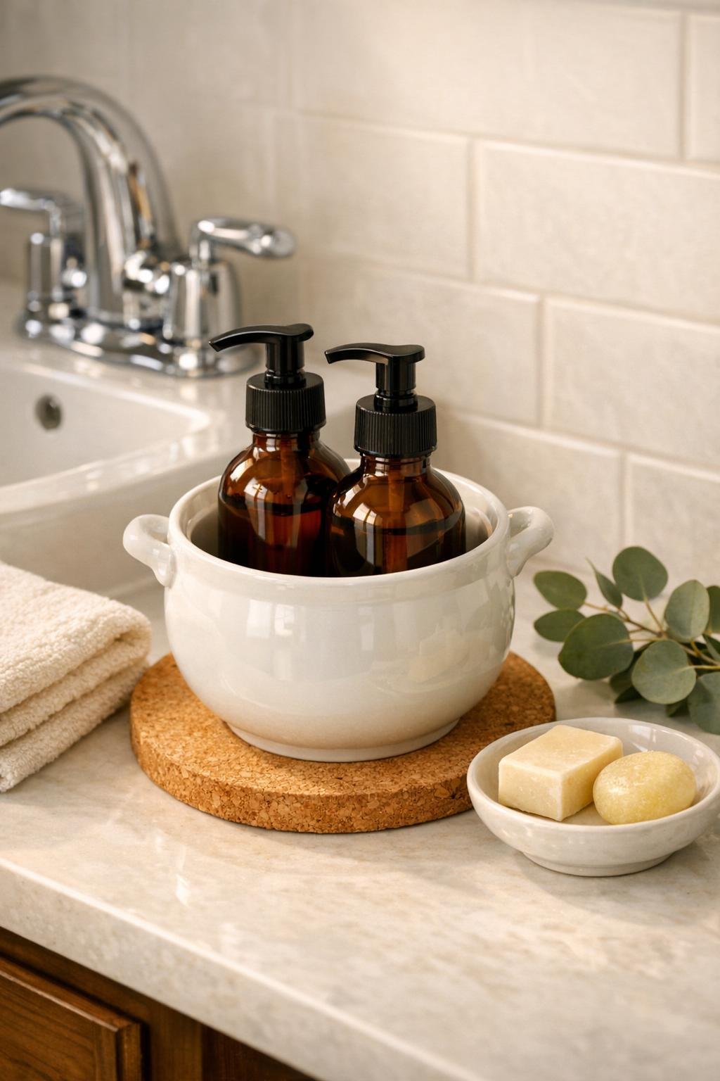 Finished bathroom hand cream station with amber bottles in a white ceramic sugar bowl on a cork trivet