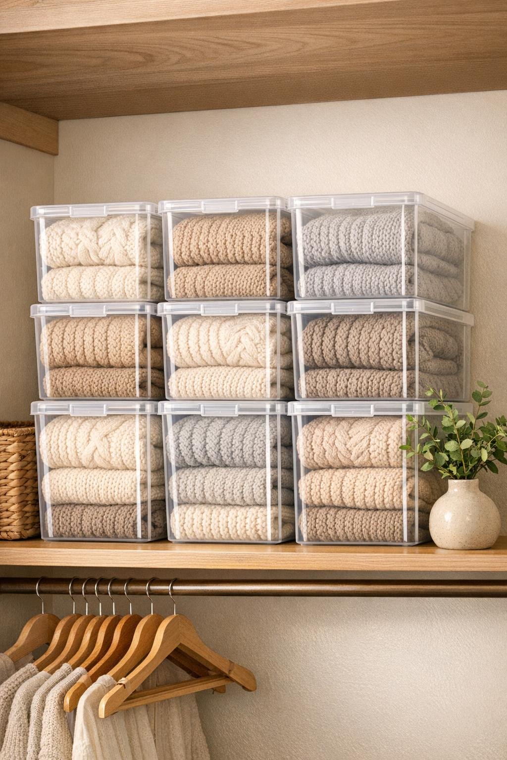 Finished sweater storage with folded chunky knits stacked inside clear plastic shoe boxes on a wooden closet shelf