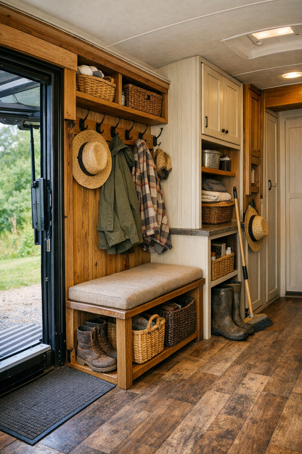 Functional entry and utility area in a converted bus with storage hooks, bench, and organized built-ins