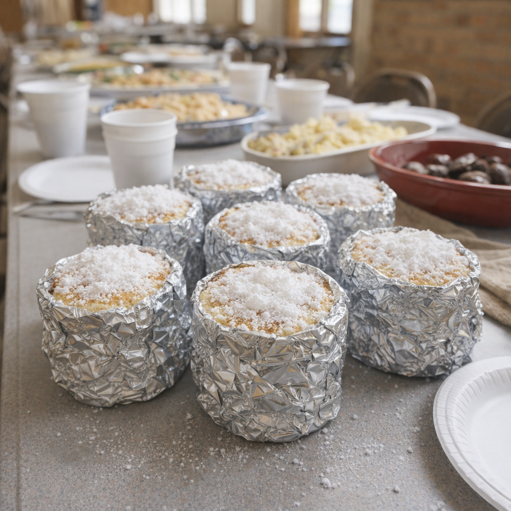 Foil-wrapped angel food cake packets on a church brunch table