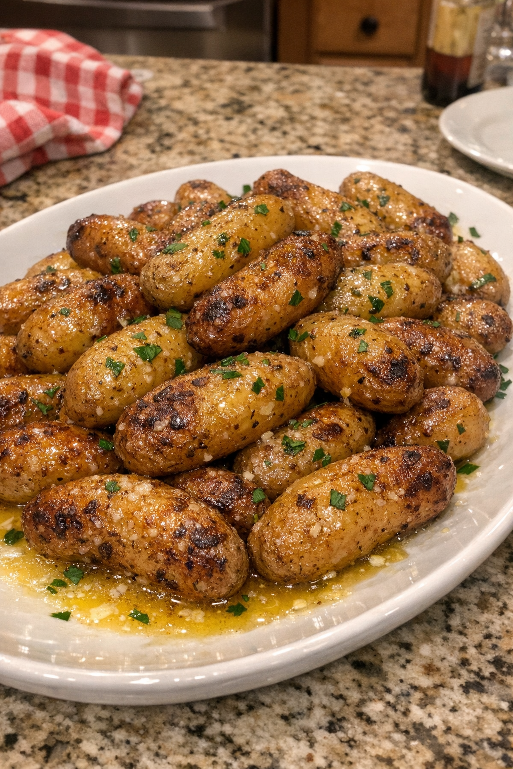 Finished platter of buttery crisp fingerling potatoes