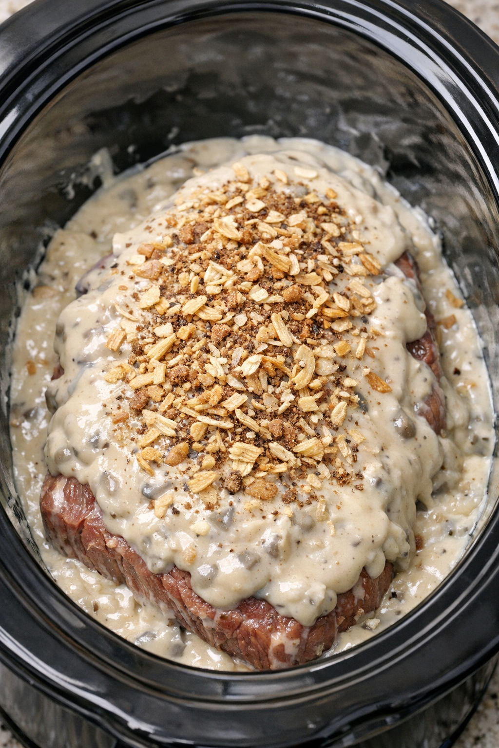 Soup and onion mix added over the roast in the slow cooker