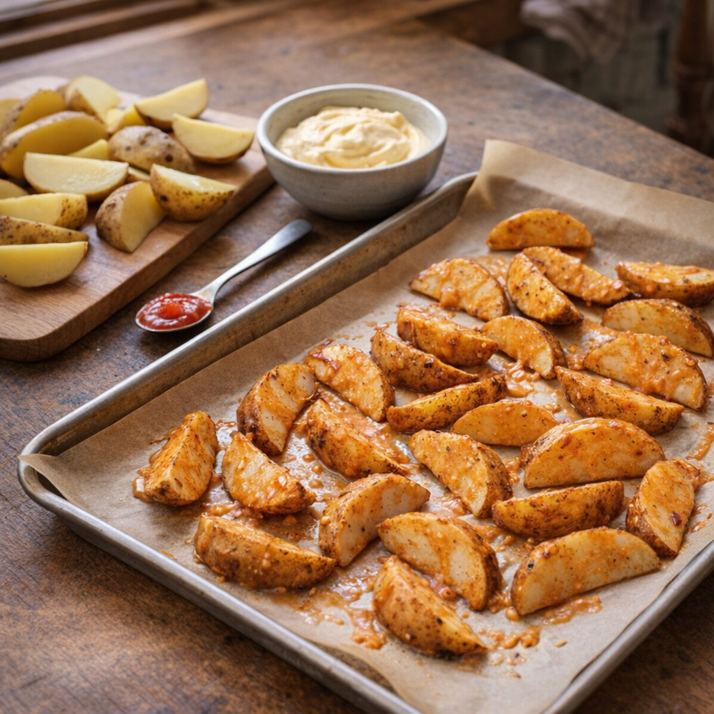 Sheet pan lined with parchment beside cut potatoes and simple ingredients