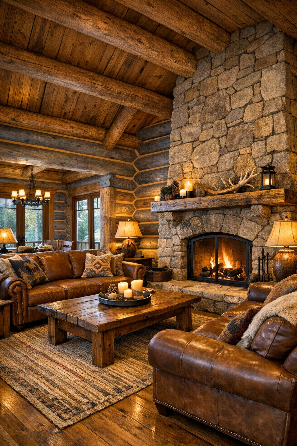 Living room with blue spruce log walls, stone fireplace, leather seating, and exposed beams