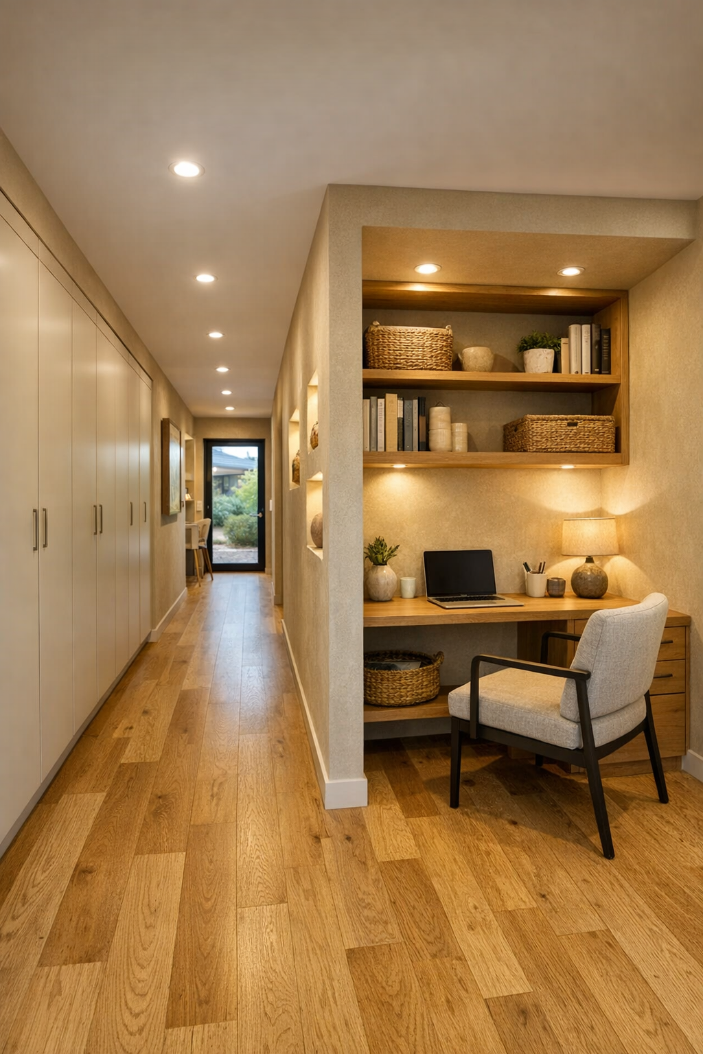 Wide hallway and flexible office nook in a warm modern container home
