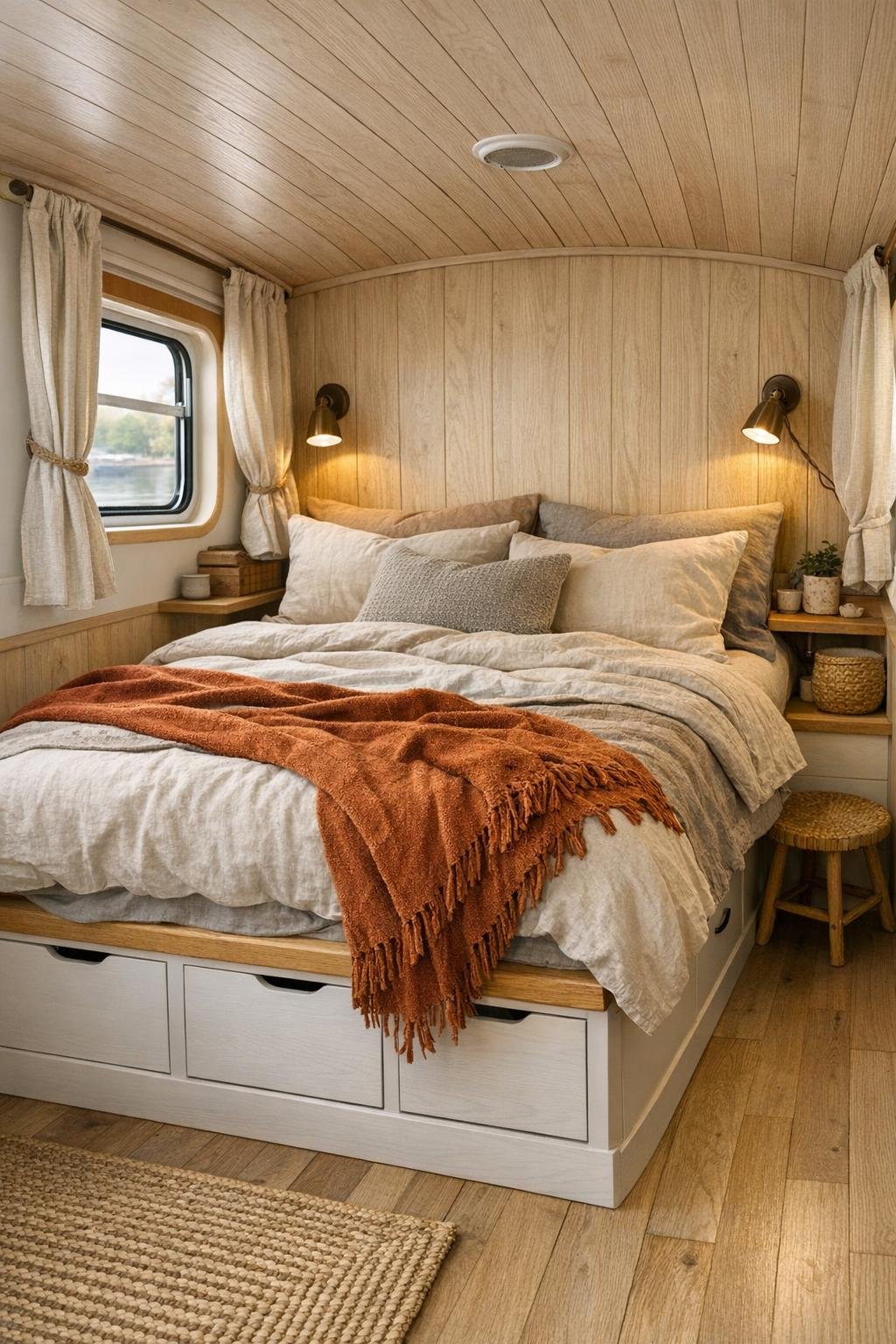 Warm houseboat bedroom with platform bed, layered bedding, and soft window light