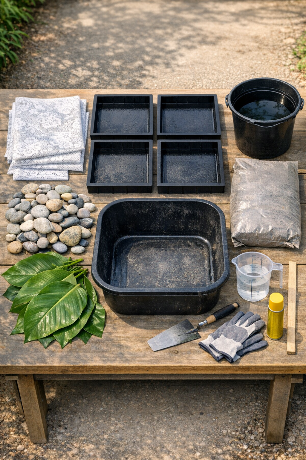 Materials for making patterned cement patio slabs laid out on a worktable