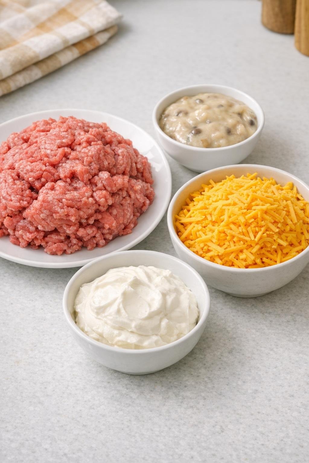Ground beef, soup, sour cream, and shredded cheddar on a counter