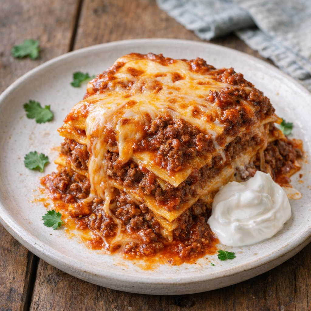 Slow cooker enchilada stack served on a plate