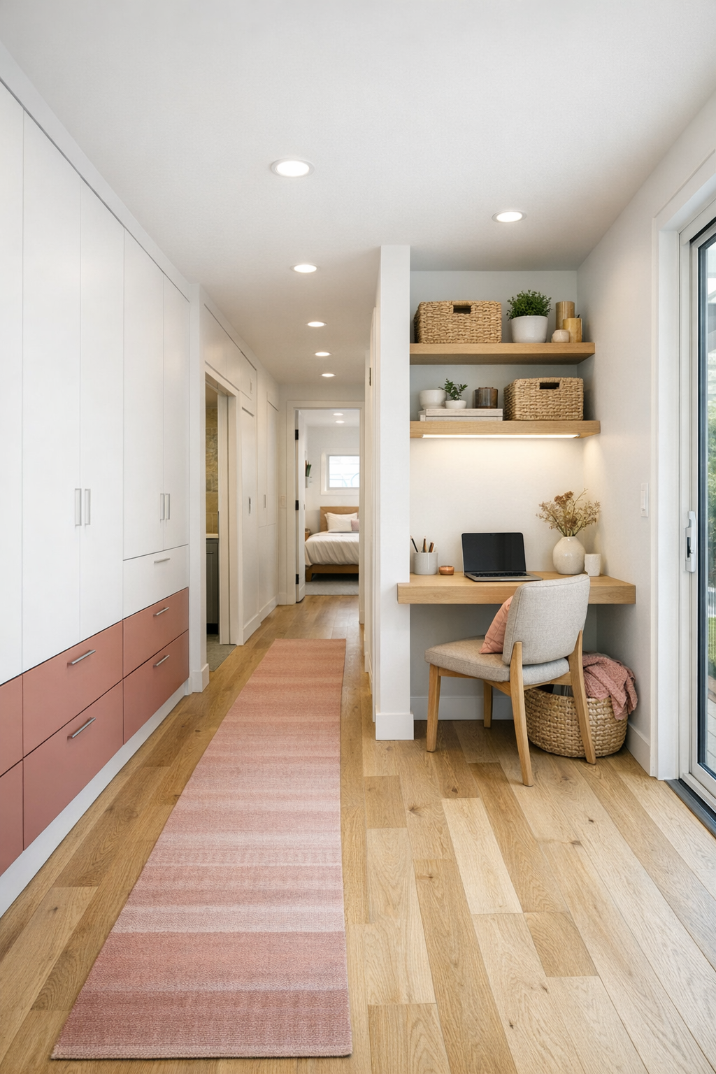Bright hallway and home office nook with built-in storage and white oak finishes