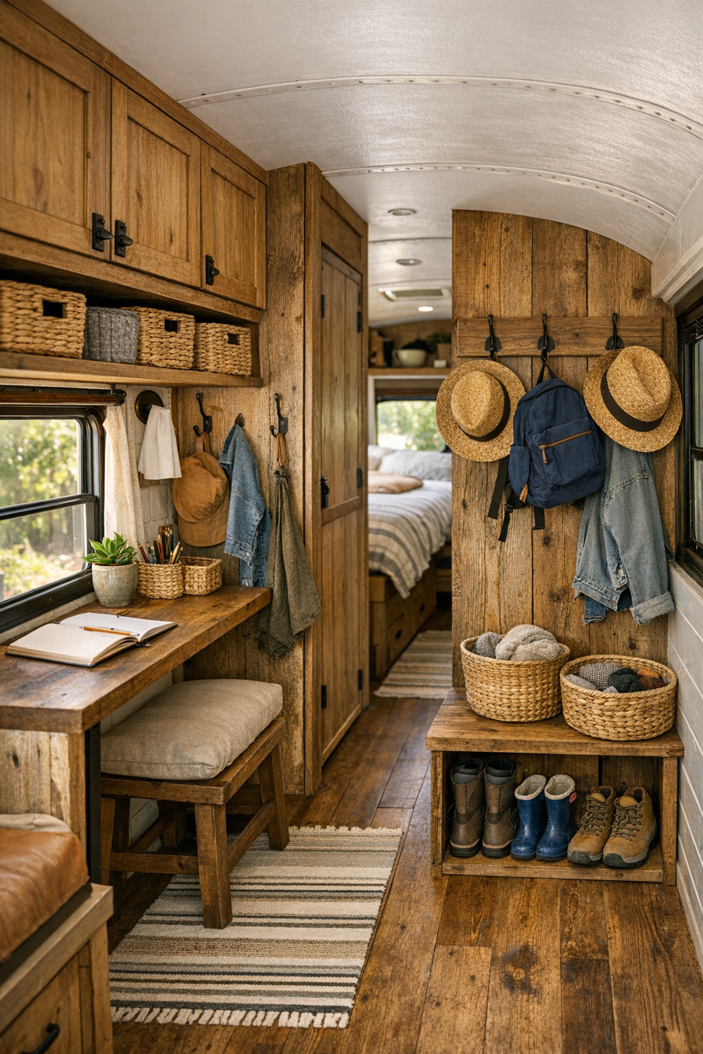 Bus hallway and multipurpose storage area with overhead cabinets and entry hooks