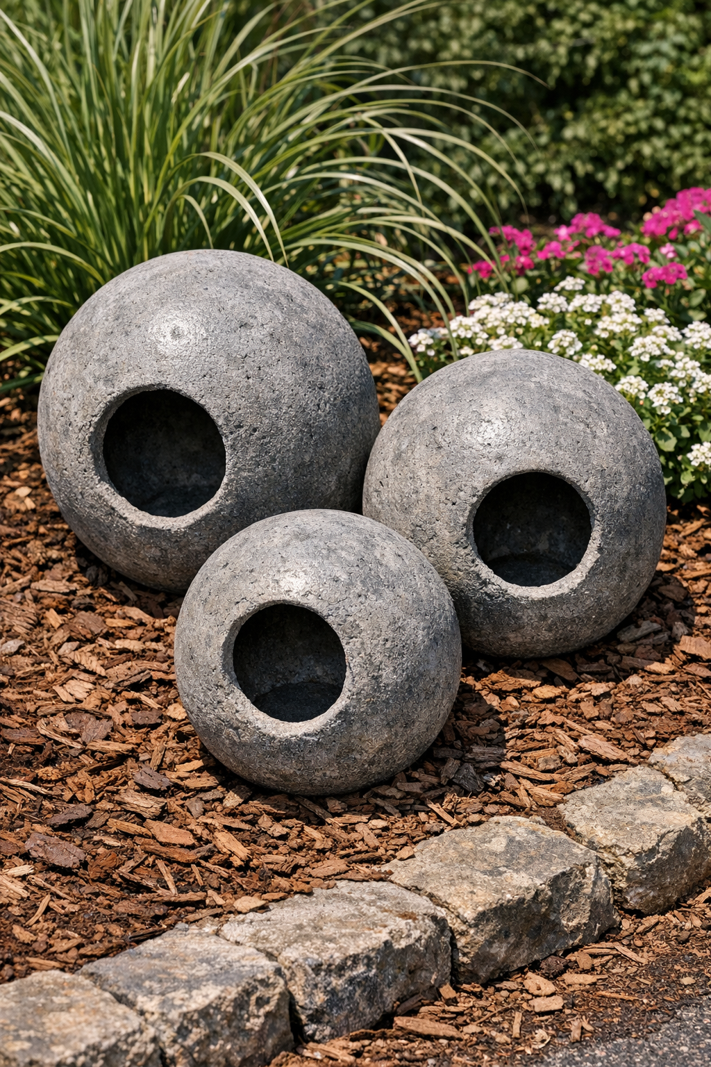 Finished hollow cement garden orbs displayed outdoors in a garden bed
