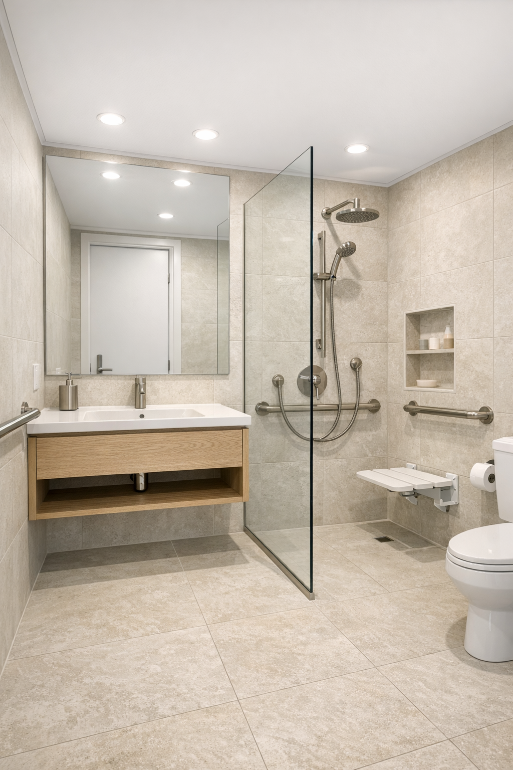 Refined accessible bathroom with curbless shower and pale limestone tile