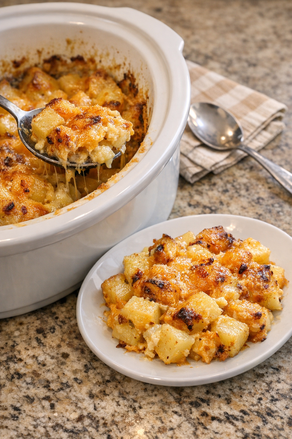 Finished cheesy potato casserole plated from the slow cooker