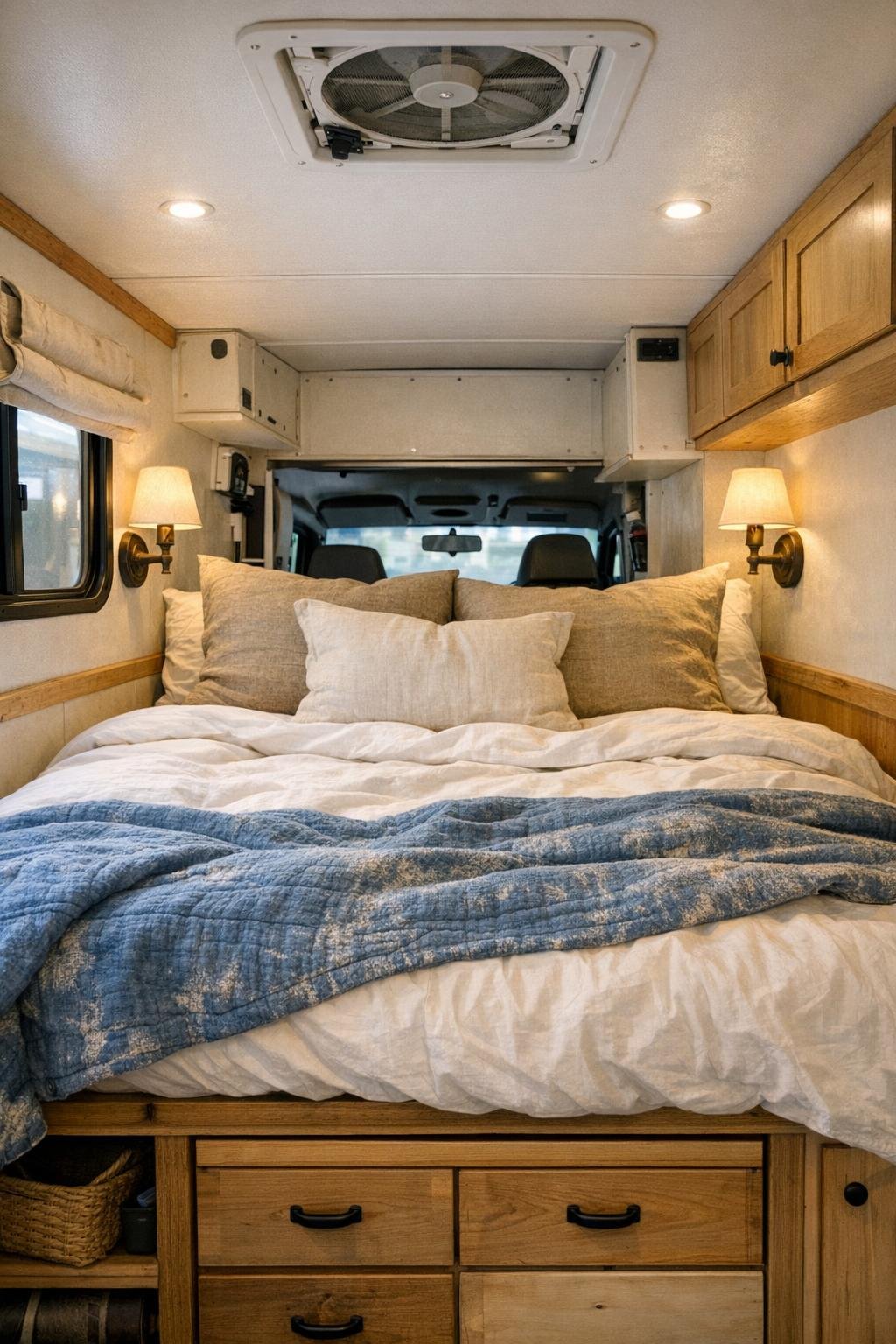 Cozy camper bedroom with raised bed platform and layered linens