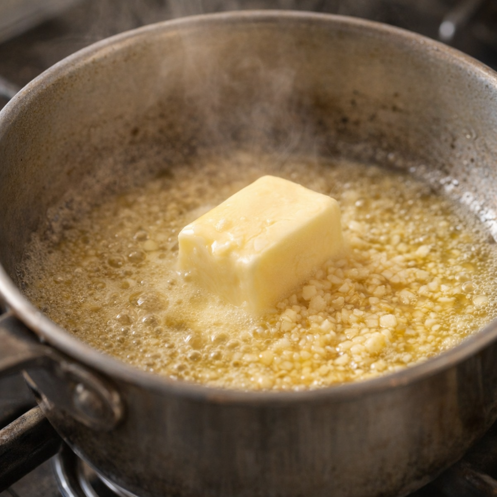 Garlic butter melting in a small saucepan