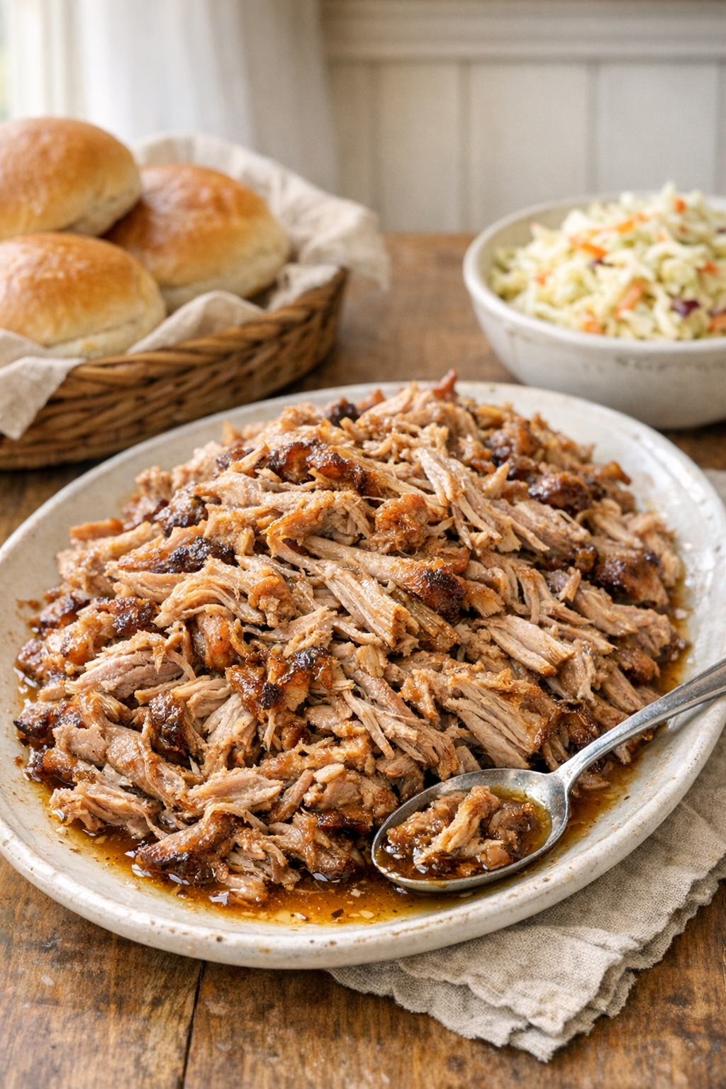 Finished pulled pork on a platter
