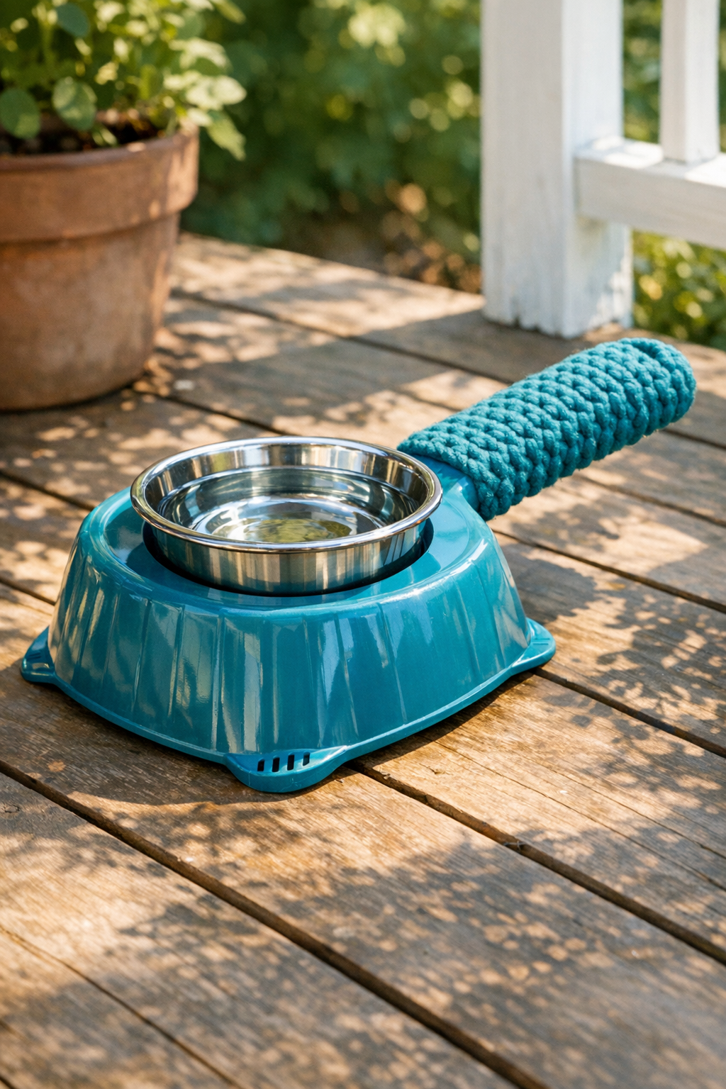 Finished crocheted outdoor pet water station made from a flipped plastic scoop