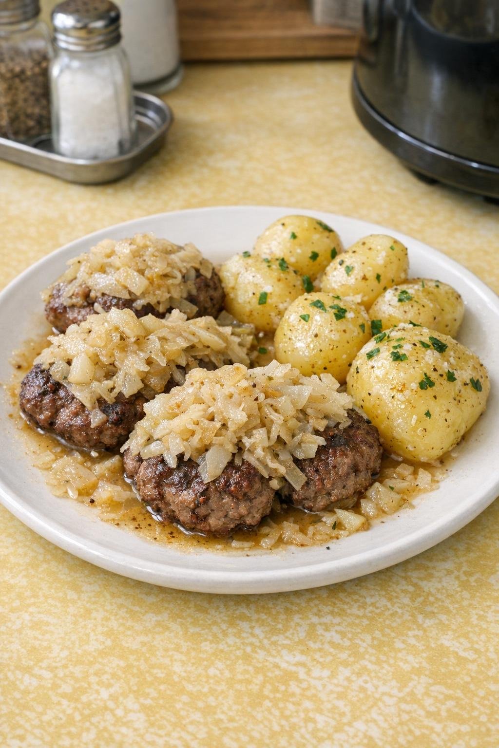 Finished slow cooker beef and sauerkraut supper plated with potatoes