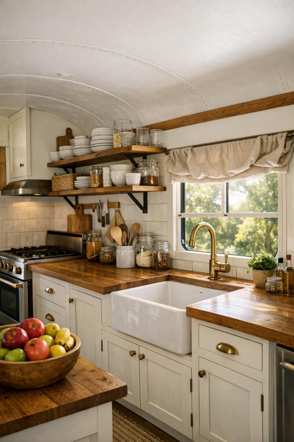 Compact galley kitchen with creamy cabinets, wood counters, and open shelving
