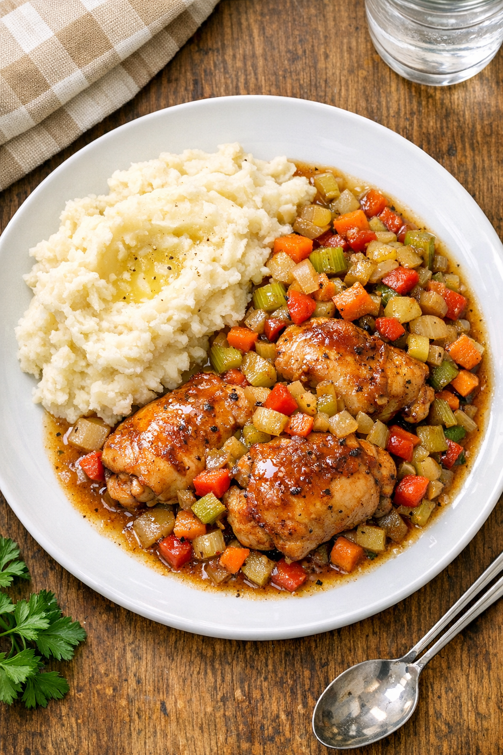 Finished slow cooker chicken plated with sauce