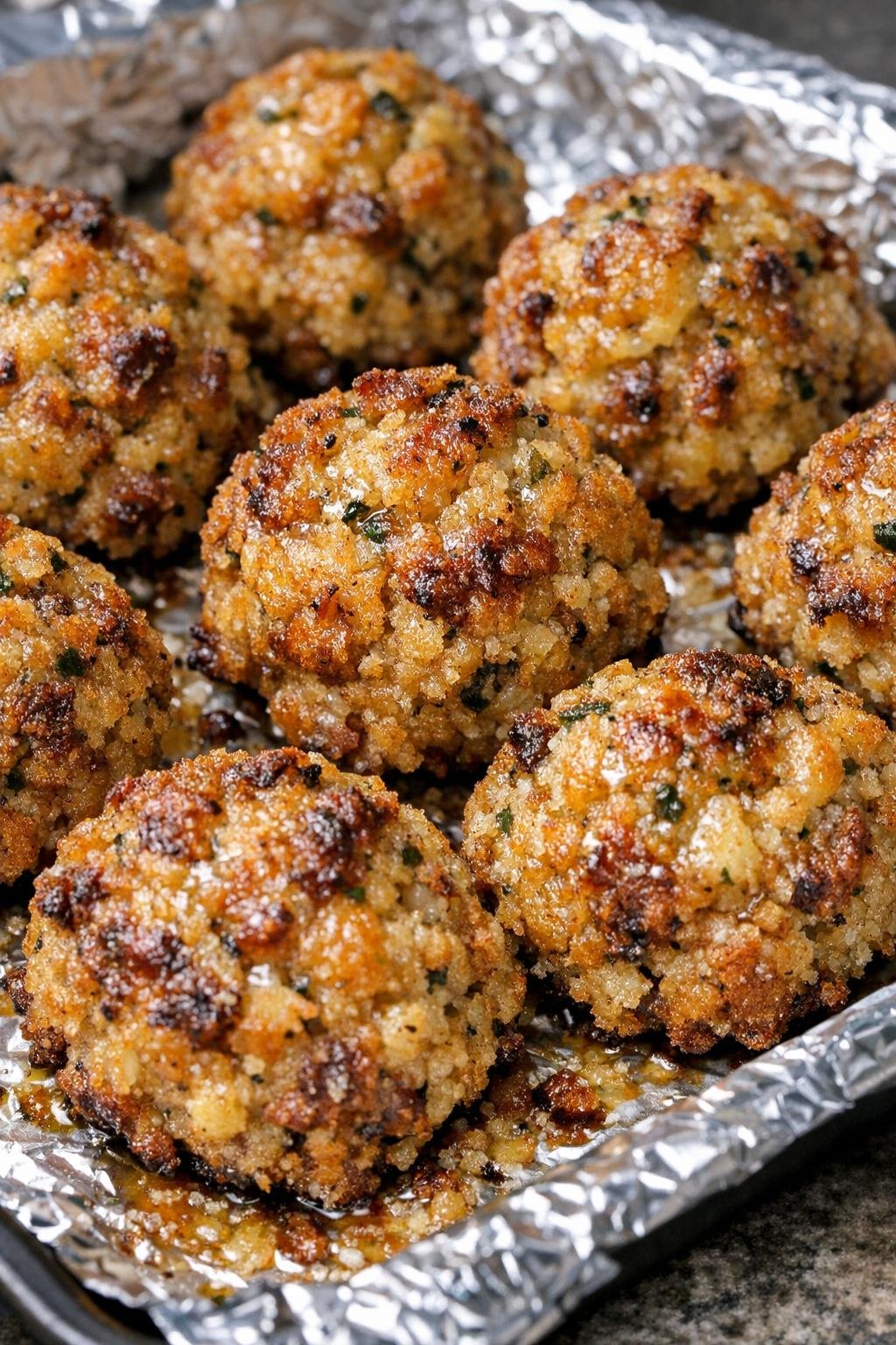 Southern 3-ingredient savory stuffing balls on a foil-lined baking tray