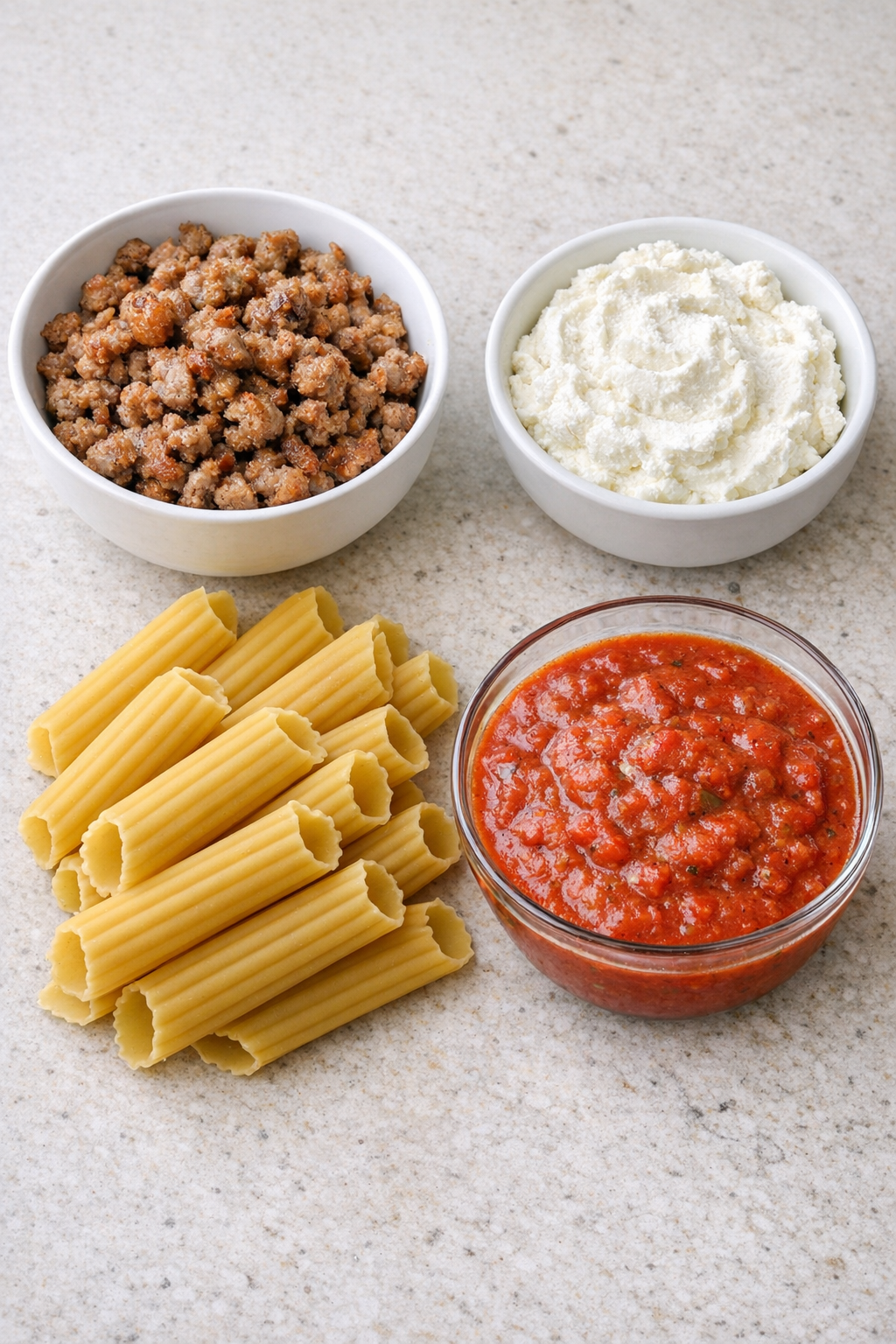 Main ingredients for sausage manicotti packets