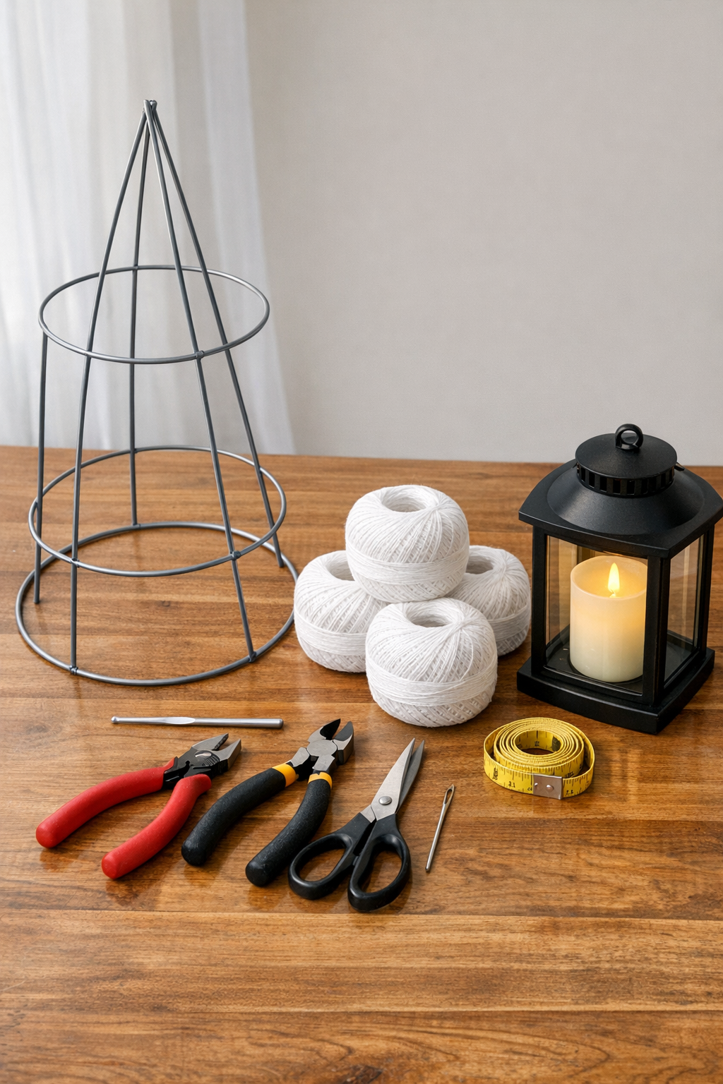 Materials for a crocheted lantern cage laid out neatly