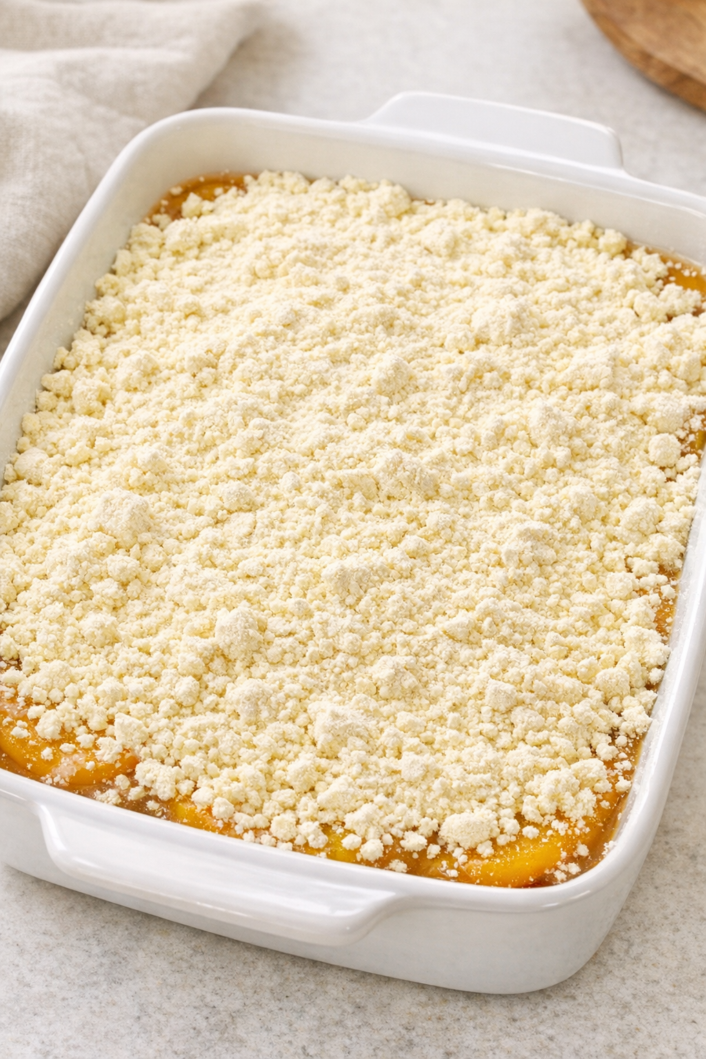 Cake mix layered over peaches