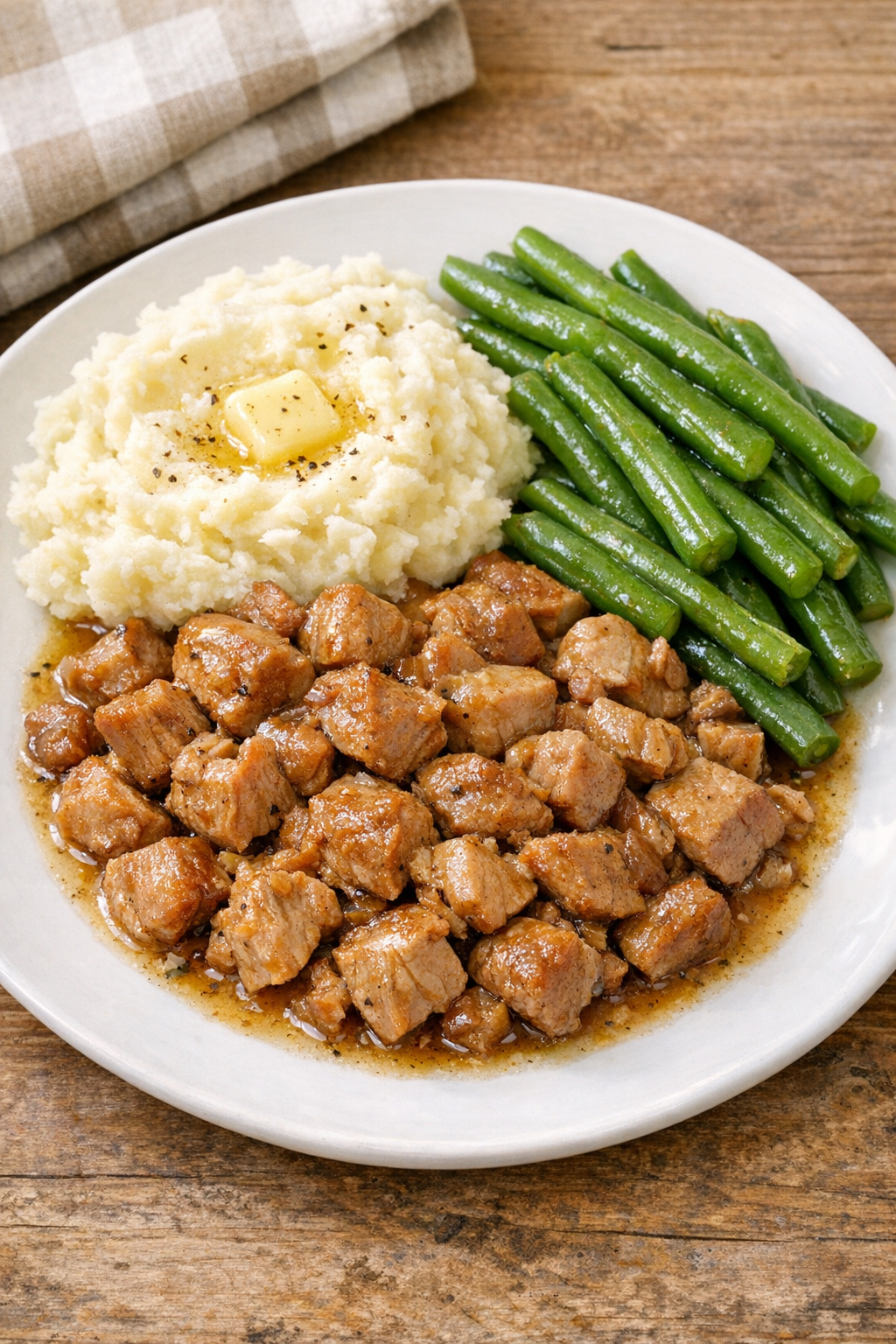 Finished slow cooker diced pork shoulder served on a plate