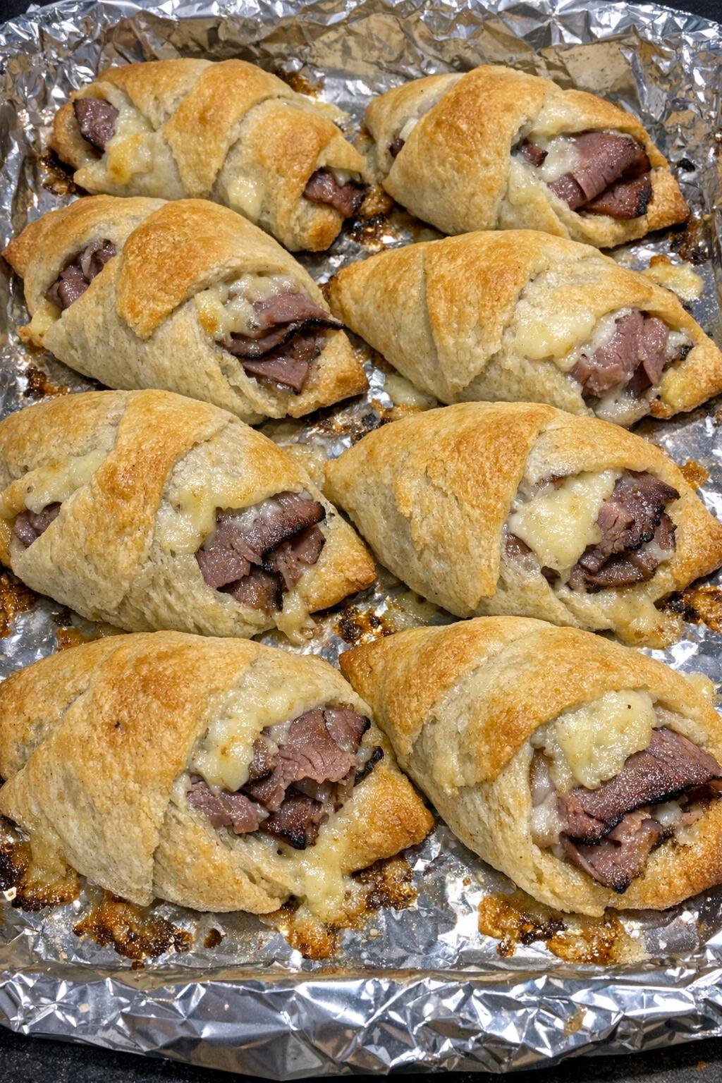 Flaky golden crescent dough folds stuffed with roast beef and aged white cheddar on a foil-lined baking sheet