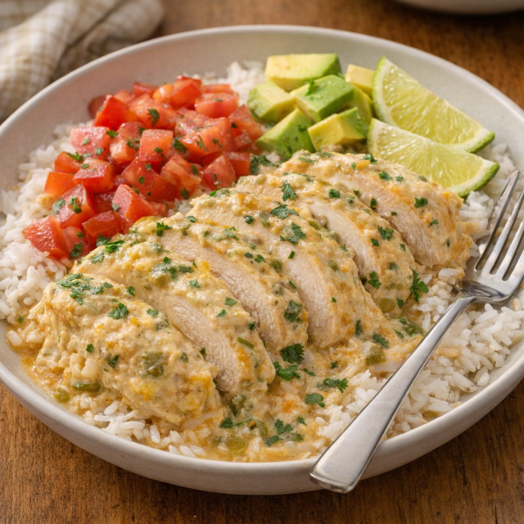 Served green chile taco chicken over rice with toppings