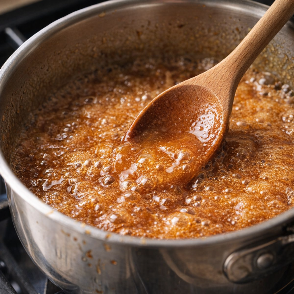 Butter and brown sugar bubbling into toffee in a saucepan