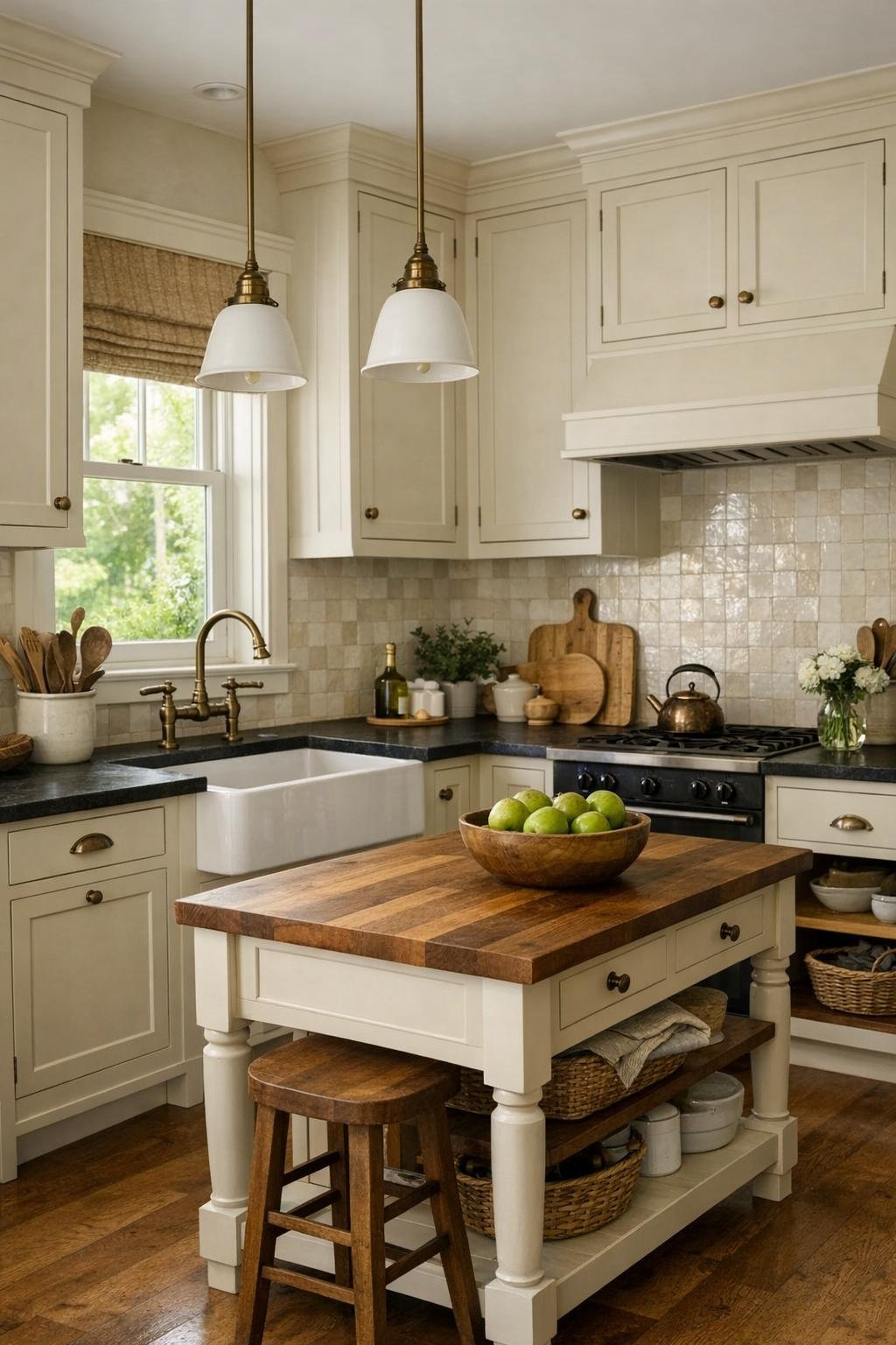 Warm cottage kitchen with putty cream cabinets, soapstone counters, and a small island