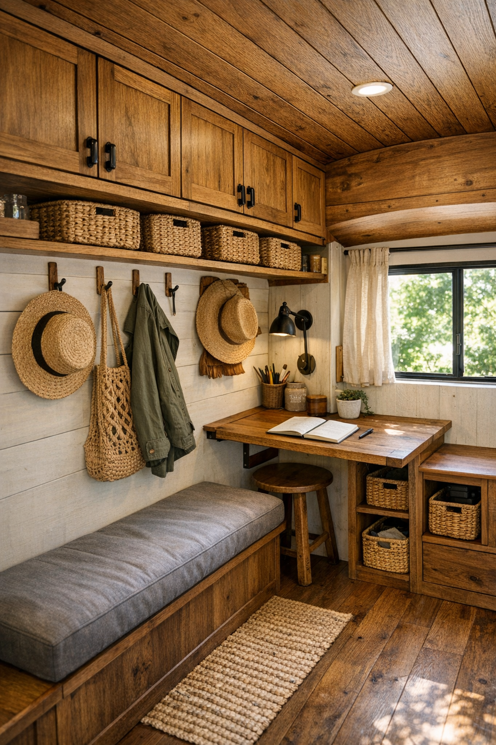 Flexible bus interior area with entry bench, storage cabinets, and small workspace