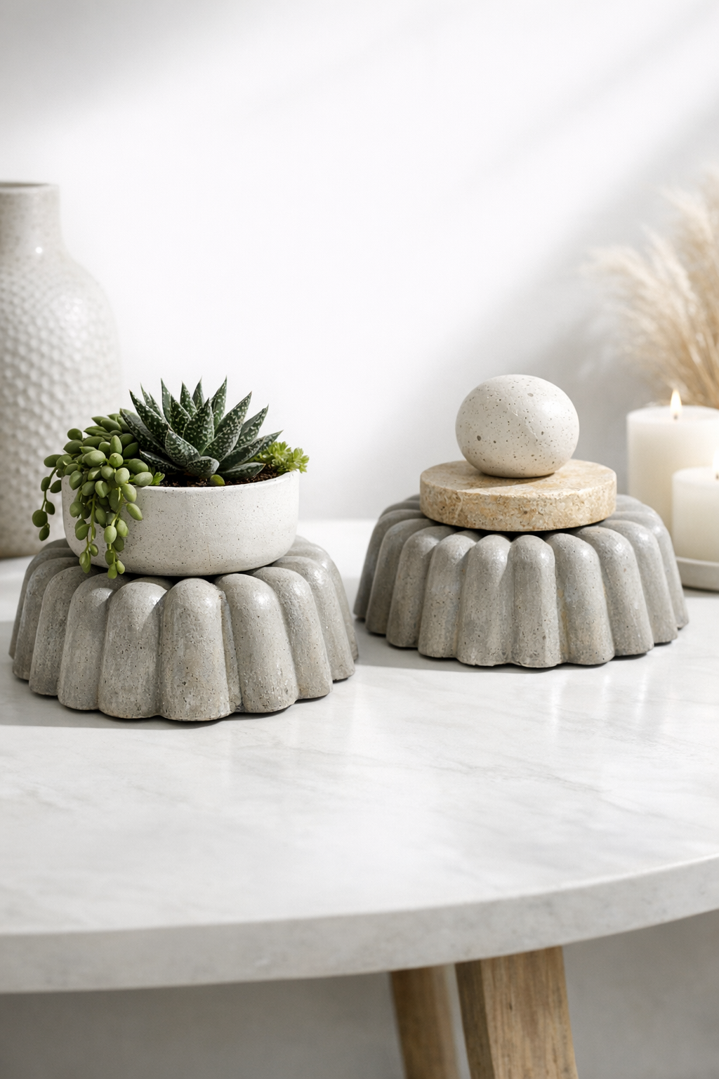 Finished fluted cement bases styled as home décor