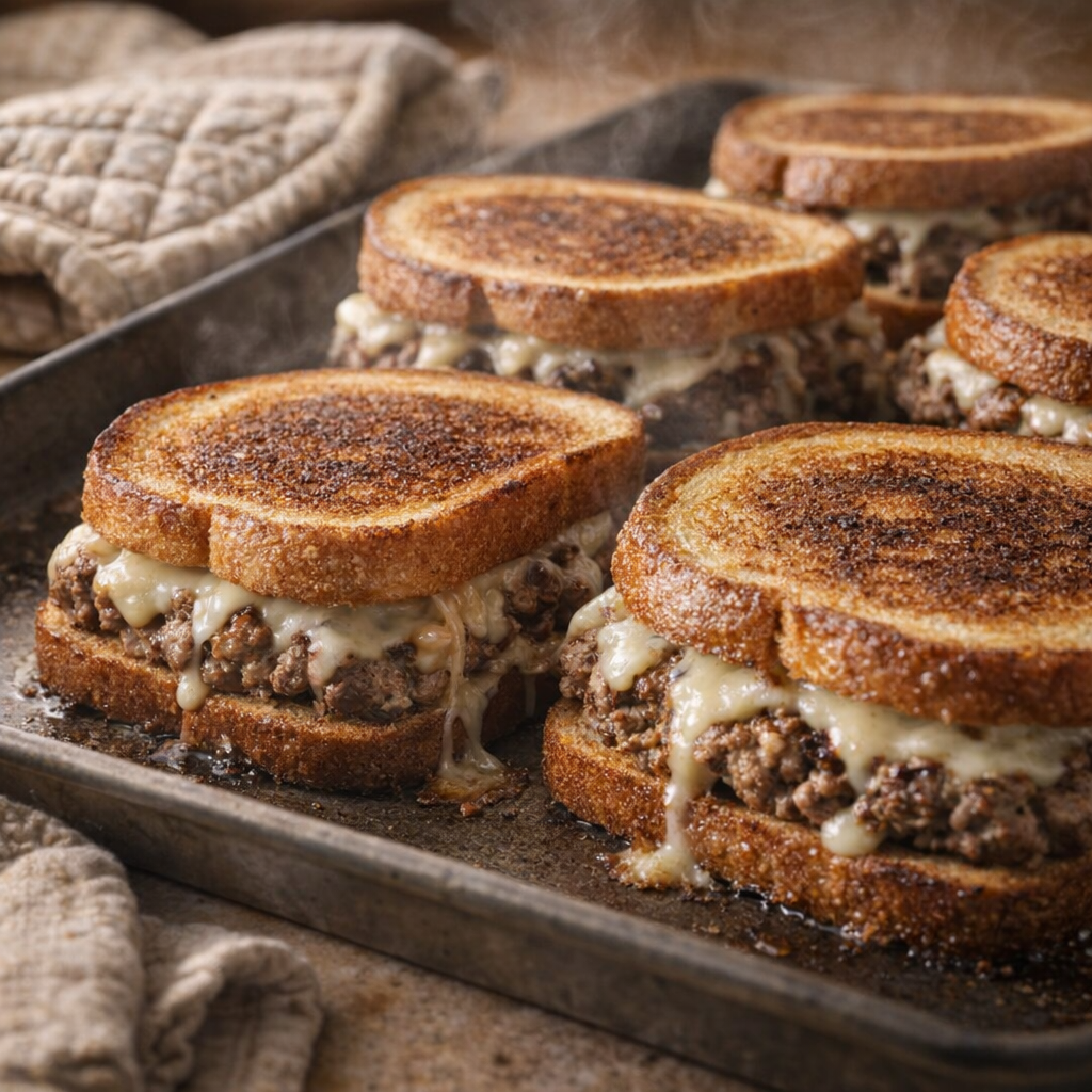 Golden baked patty melts fresh from the oven