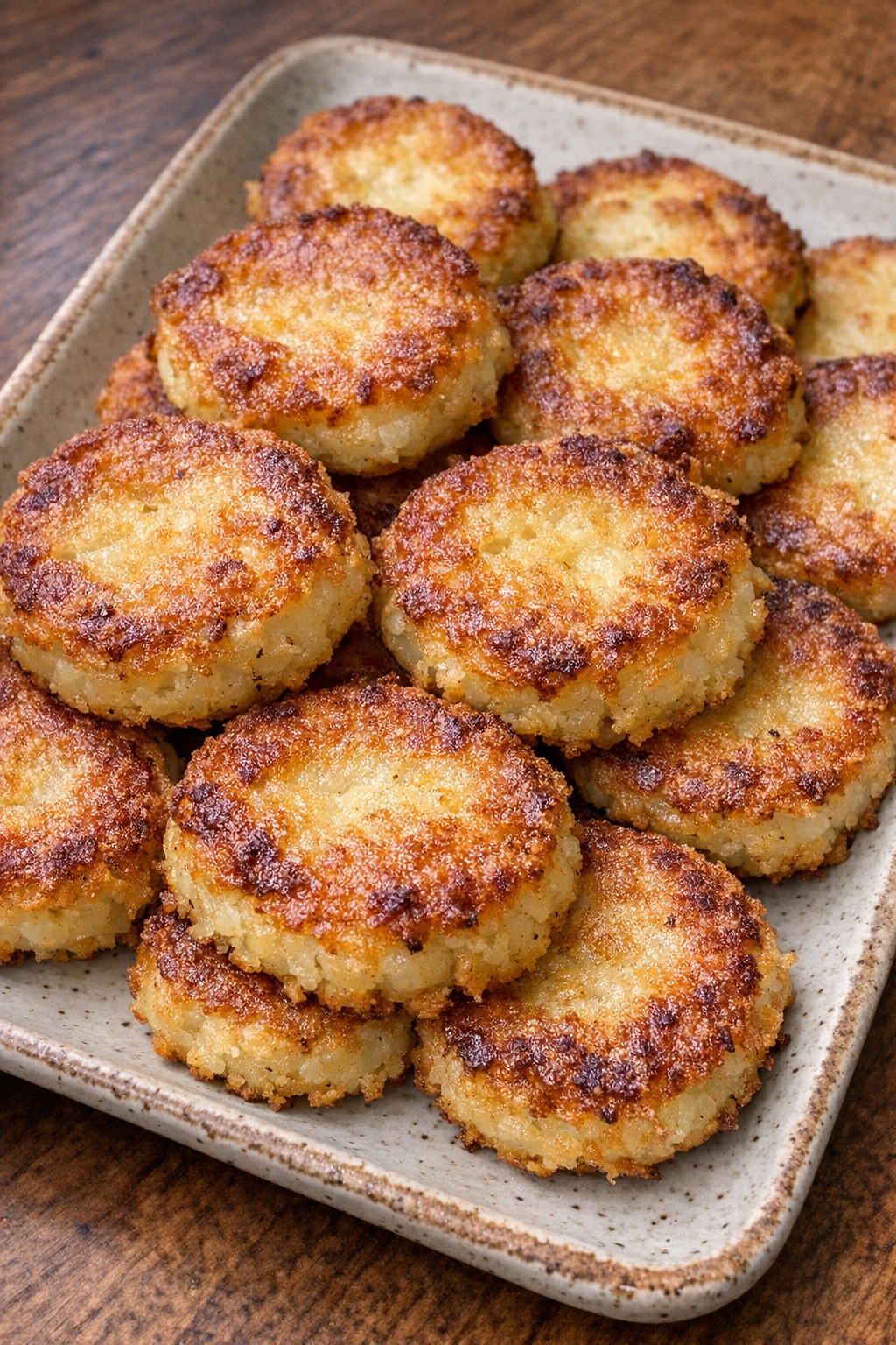 Crispy golden potato patties on a stoneware platter