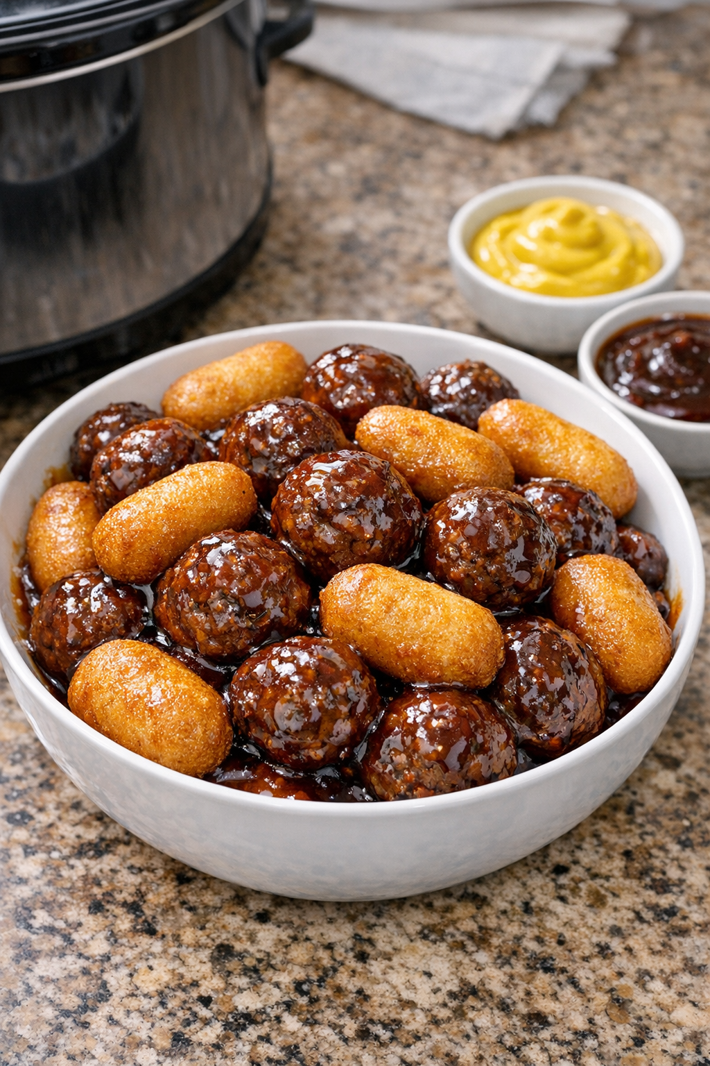 Finished corn dog meatballs plated in a serving bowl