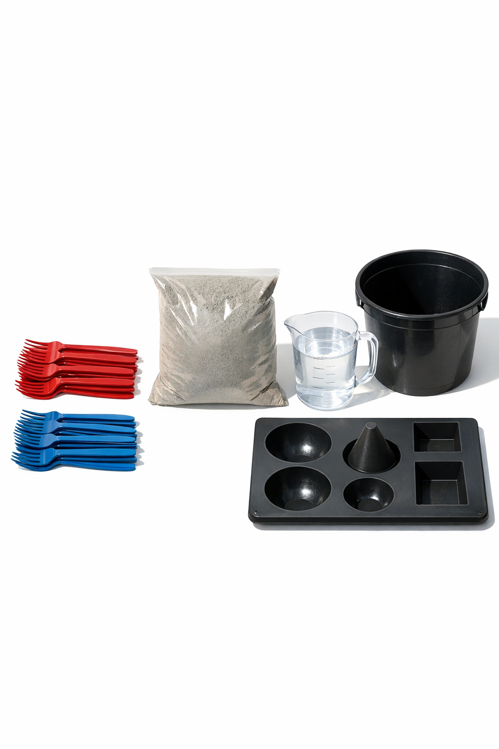 Plastic forks, cement, and water laid out for the project