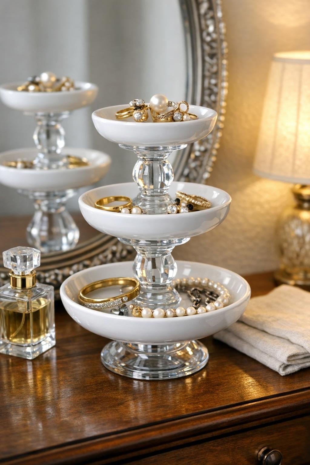 Finished tiered jewelry tower styled on a bedroom dresser